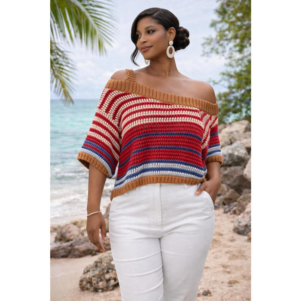 Sachin & Babi Jennie Knit Top Small Red Multi Striped Crochet Sweater Boho Crop